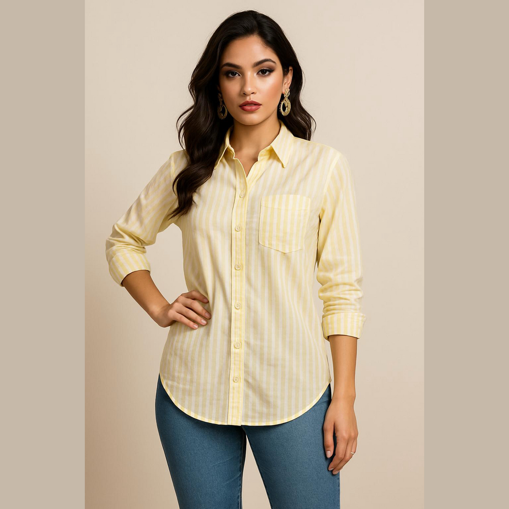 LOFT Women's Light Yellow Striped Button Down Shirt